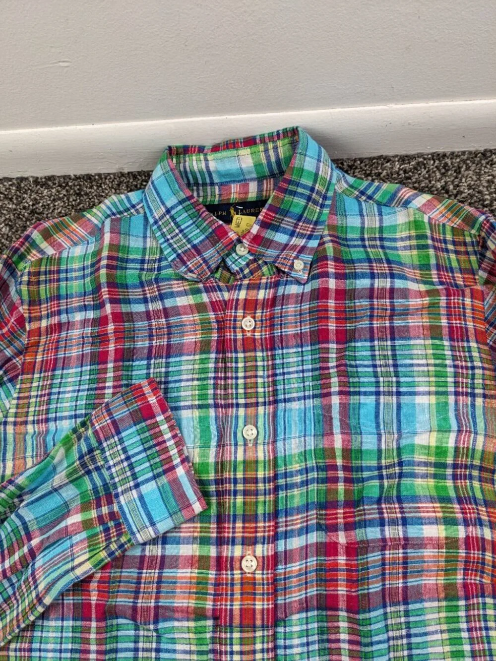 Polo Ralph Lauren Shirt Linen Indian Madras Plaid L/S Button Down Mens Small